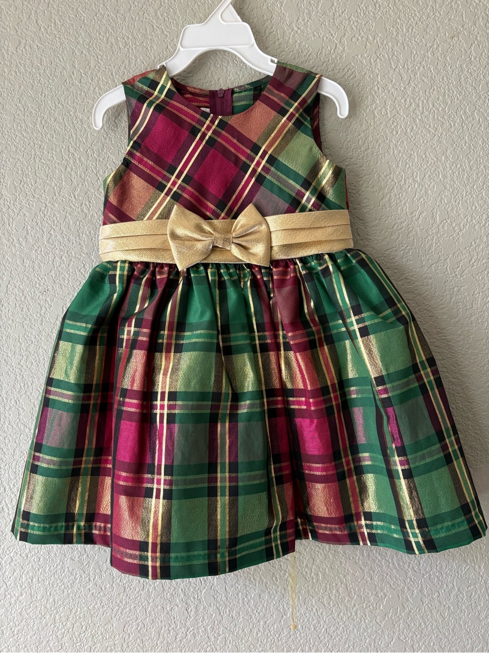 Bonnie Jean Green & Red Plaid Dress with Gold Bow